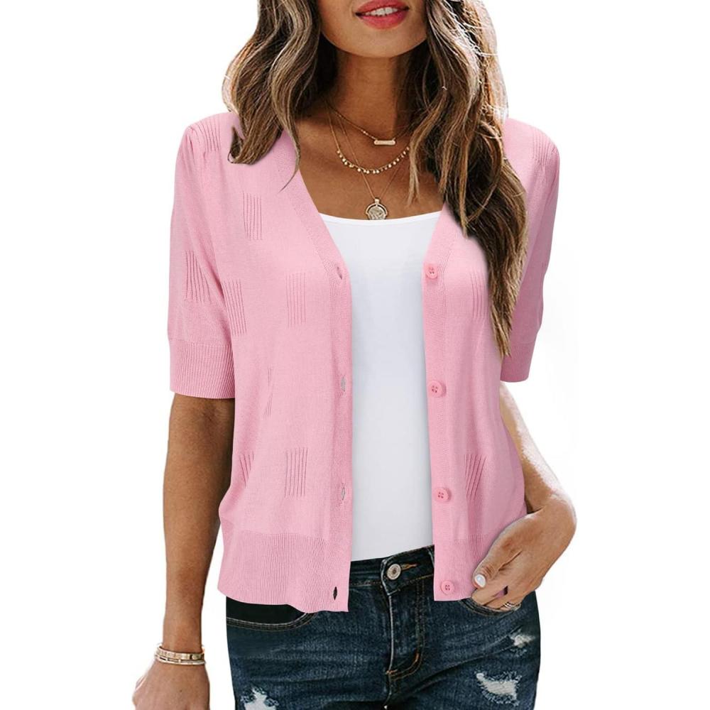 imageArachampampCloz Womens Lightweight Summer Business Casual Cropped Short Sleeve CardiganLight Pink