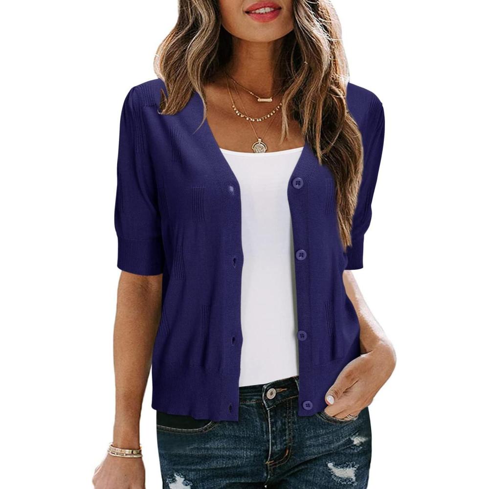 imageArachampampCloz Womens Lightweight Summer Business Casual Cropped Short Sleeve CardiganNavy