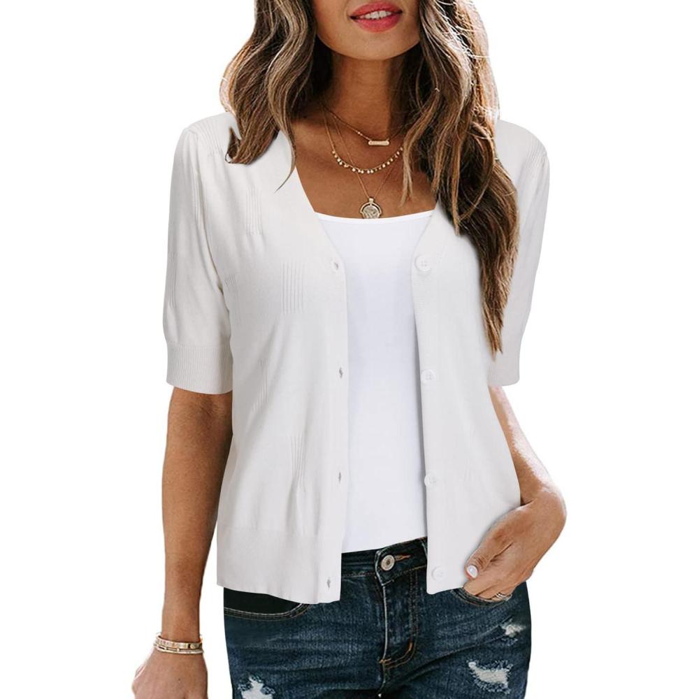 imageArachampampCloz Womens Lightweight Summer Business Casual Cropped Short Sleeve CardiganOffwhite