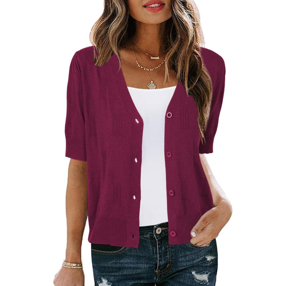 imageArachampampCloz Womens Lightweight Summer Business Casual Cropped Short Sleeve CardiganWine Red