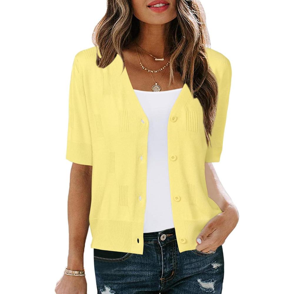 imageArachampampCloz Womens Lightweight Summer Business Casual Cropped Short Sleeve CardiganYellow