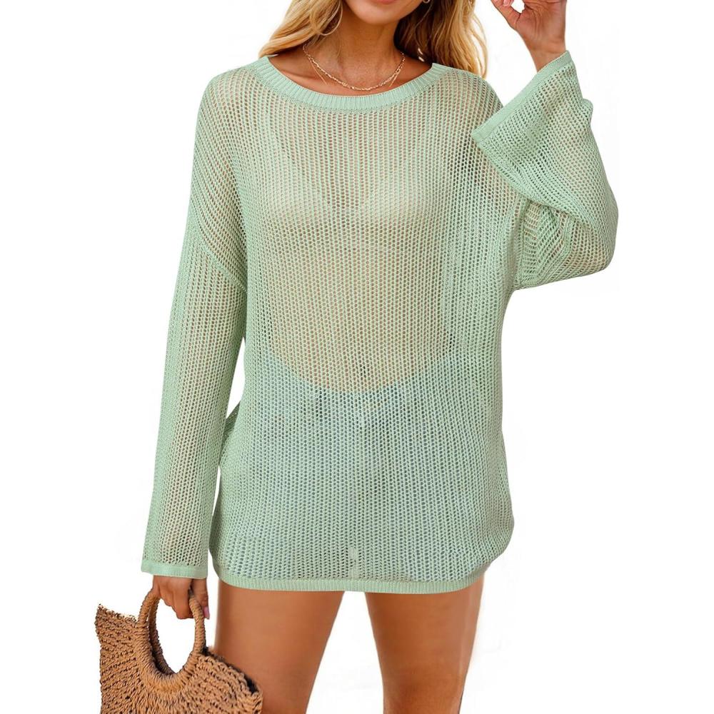 imageArachampampCloz Womens Linen Summer Fall Lightweight Crochet Tops Beach Cover Up 2025Green