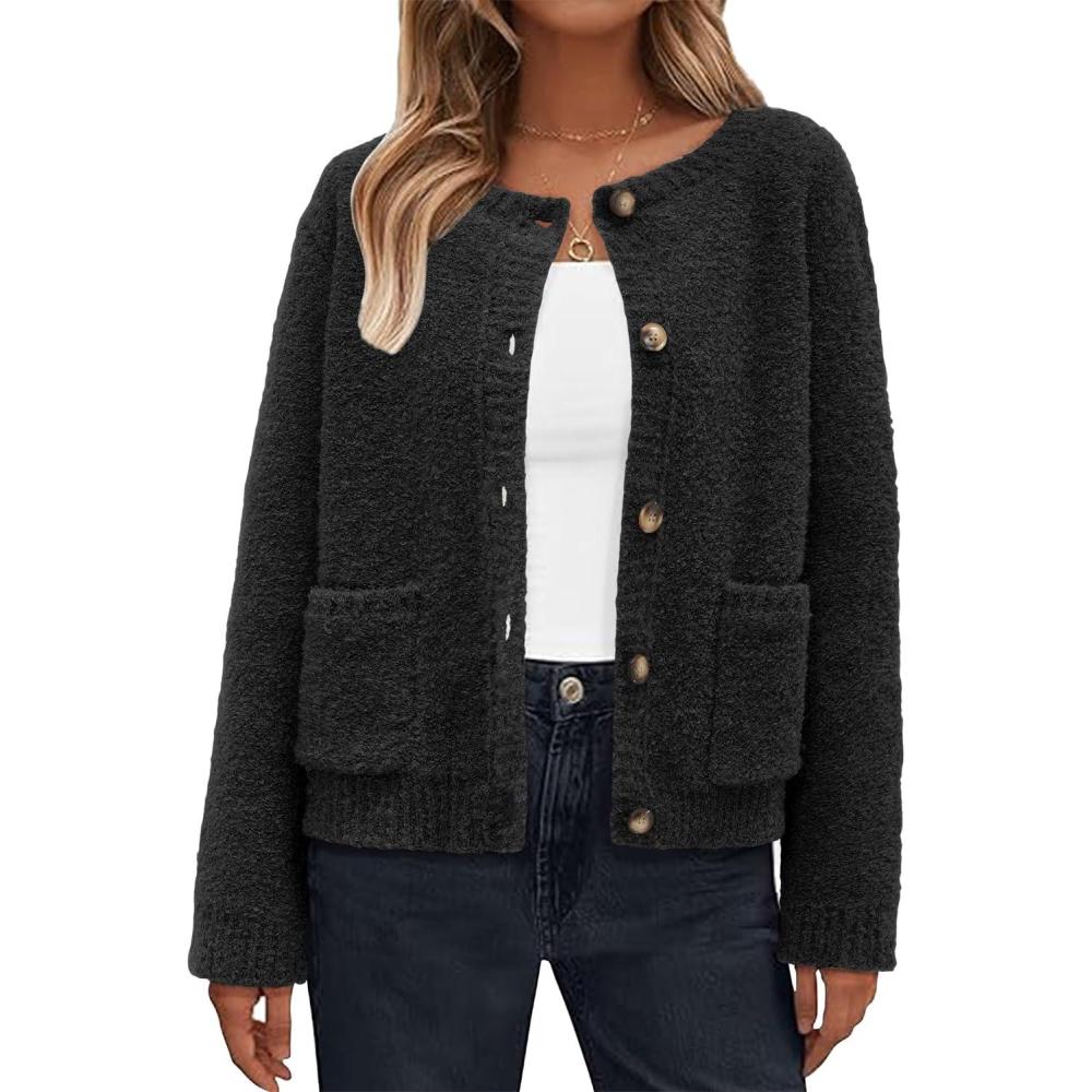 imageArachampampCloz Womens Open Front Cardigan Sweaters Fall Fashion Button Down Knit Chunky Outwear Coats with PocketsBlack
