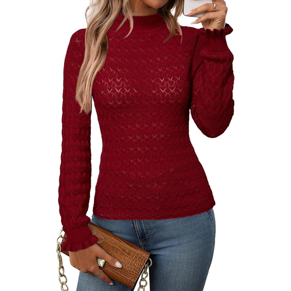 imageArachampampCloz Womens Silk Wool Blend Lace Mock Neck Slim Fitted Sweater Trendy 2025Dark Red