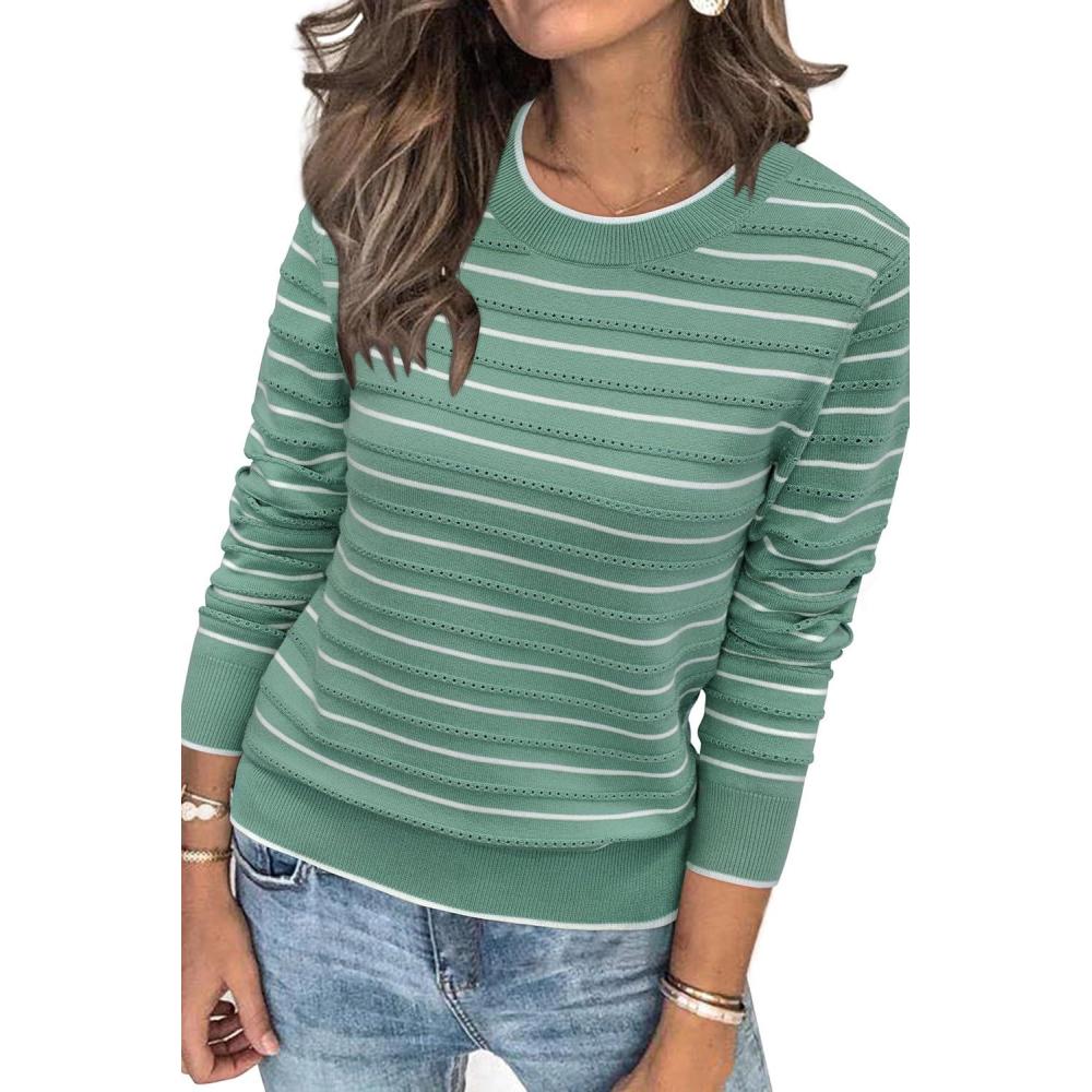 imageArachampampCloz Womens Soft Knit Sweater Fall Dressy Casual Pullover TopsStriped Green White