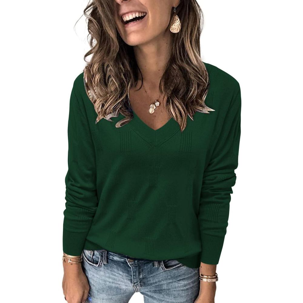 imageArachampampCloz Womens Soft V Neck Long Sleeve Fall Casual Regular Fit Sweater TopsGreen