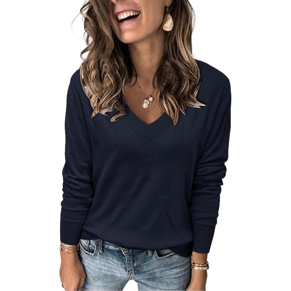 imageArachampampCloz Womens Soft V Neck Long Sleeve Fall Casual Regular Fit Sweater TopsNavy