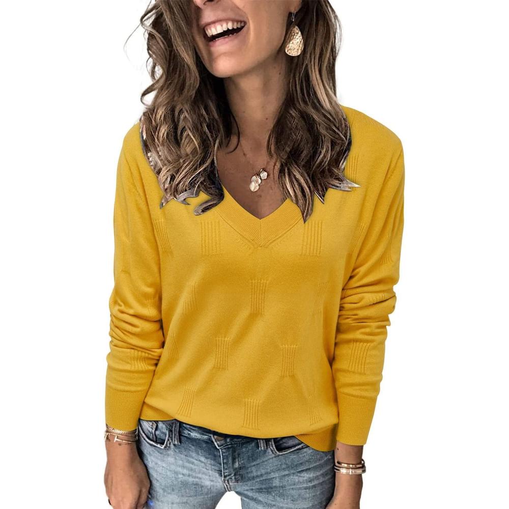 imageArachampampCloz Womens Soft V Neck Long Sleeve Fall Casual Regular Fit Sweater TopsYellow