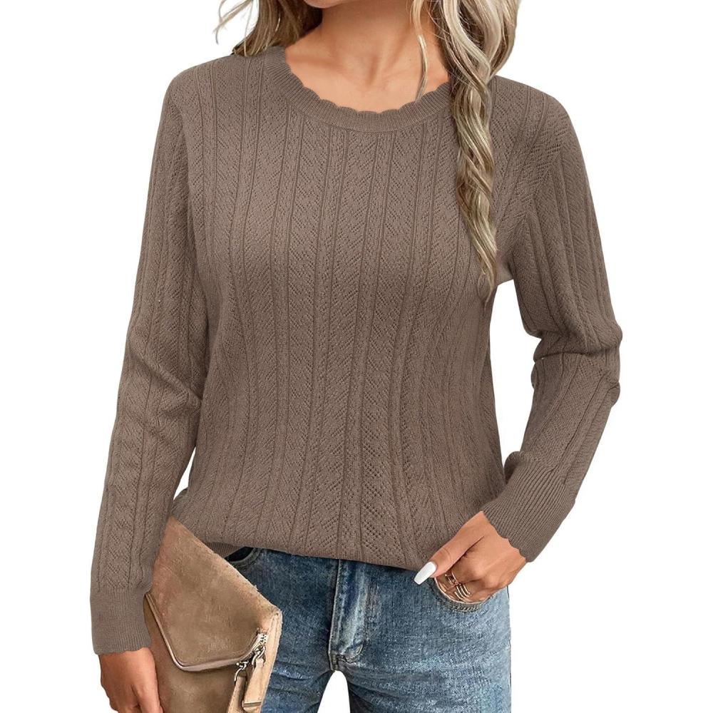 imageArachampampCloz Womens Summer Fall Scalloped Lace Cuff Crewneck Tops Textured ShirtsBcoffee