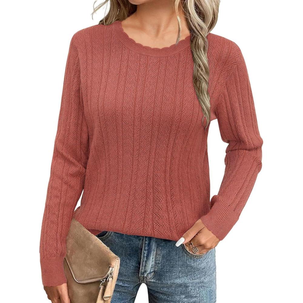 imageArachampampCloz Womens Summer Fall Scalloped Lace Cuff Crewneck Tops Textured ShirtsBdusty Red