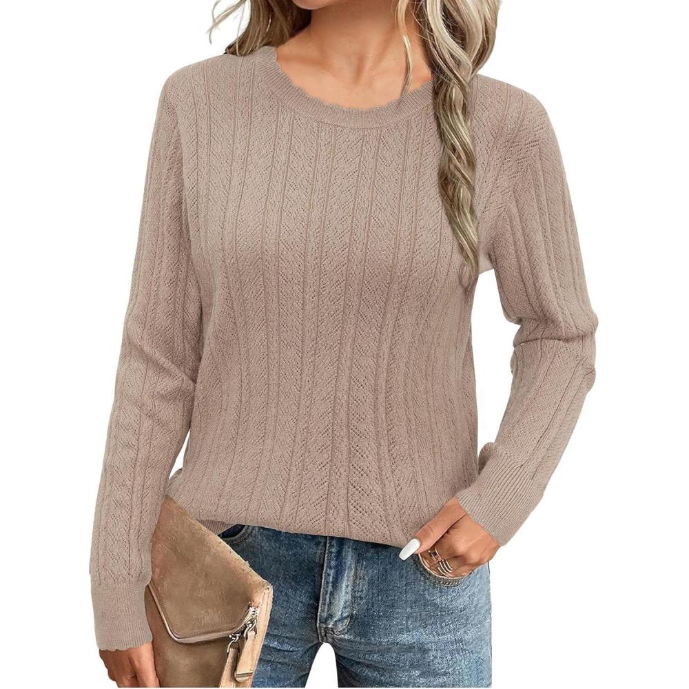 imageArachampampCloz Womens Summer Fall Scalloped Lace Cuff Crewneck Tops Textured ShirtsBnutmeg
