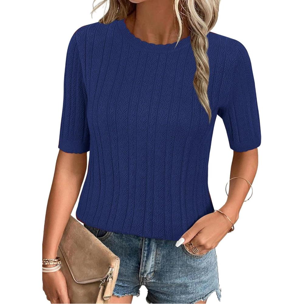 imageArachampampCloz Womens Summer Fall Scalloped Lace Cuff Crewneck Tops Textured ShirtsNavy Blue