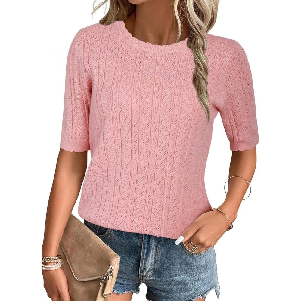 imageArachampampCloz Womens Summer Fall Scalloped Lace Cuff Crewneck Tops Textured ShirtsPink