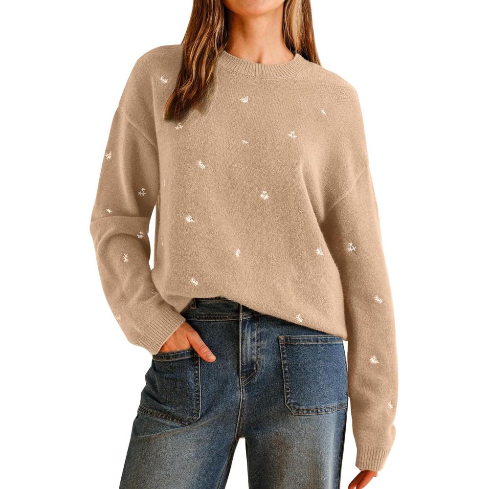 imageArachampampCloz Womens Wool Blend Embroidery Floral Oversized Fit Sweater Trendy 2025Apricot