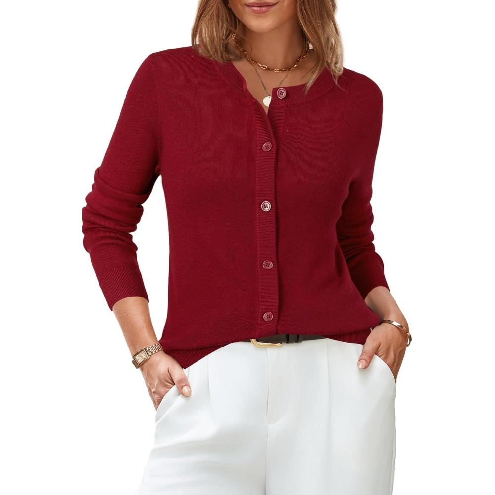 imageArachampampCloz Womens Wool Blend Lightweight Spring Business Casual Cardigan Sweaters TopsRed