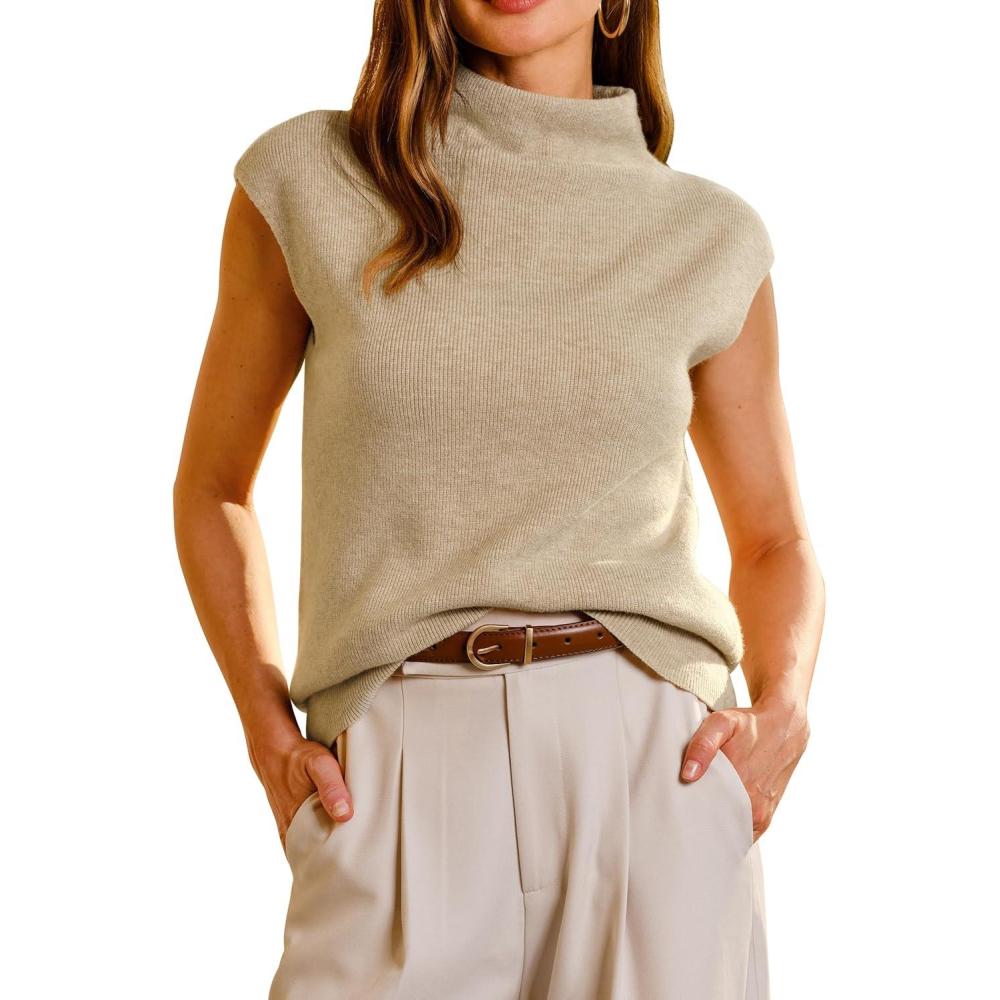 imageArachampampCloz Womens Wool Blend Mock Neck Business Casual Sweater Vest 2025 FallKhaki