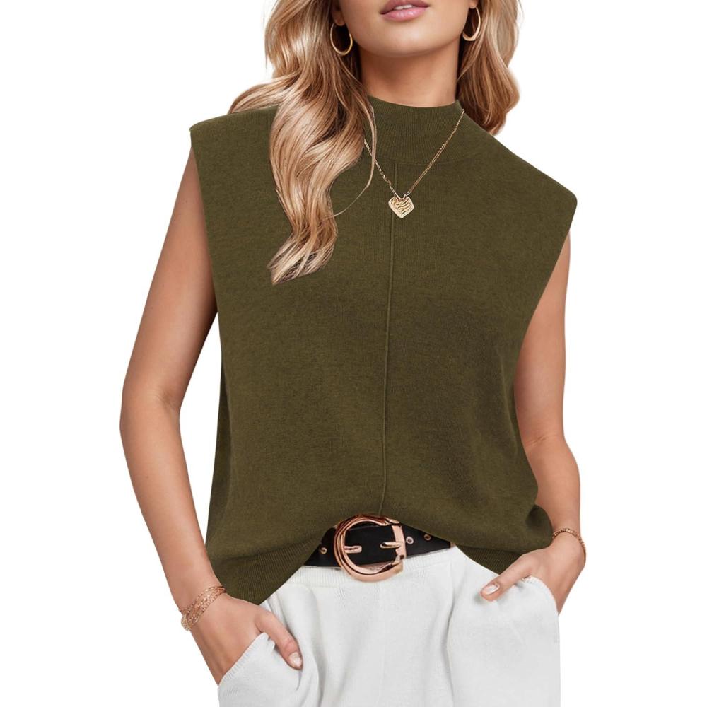 imageArachampampCloz Womens Wool Blend Mock Neck Sweaters Vest Business Casual Trendy Tops Fall Outfits 2025Green Brown