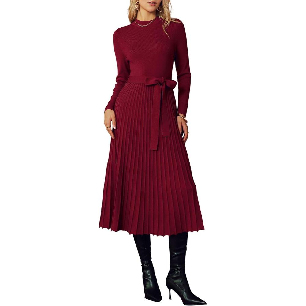imageArachampampCloz Womens Wool Blend Mock Neck Tie Waist Fall Winter Pleated Sweater Dress 2025Wine Red