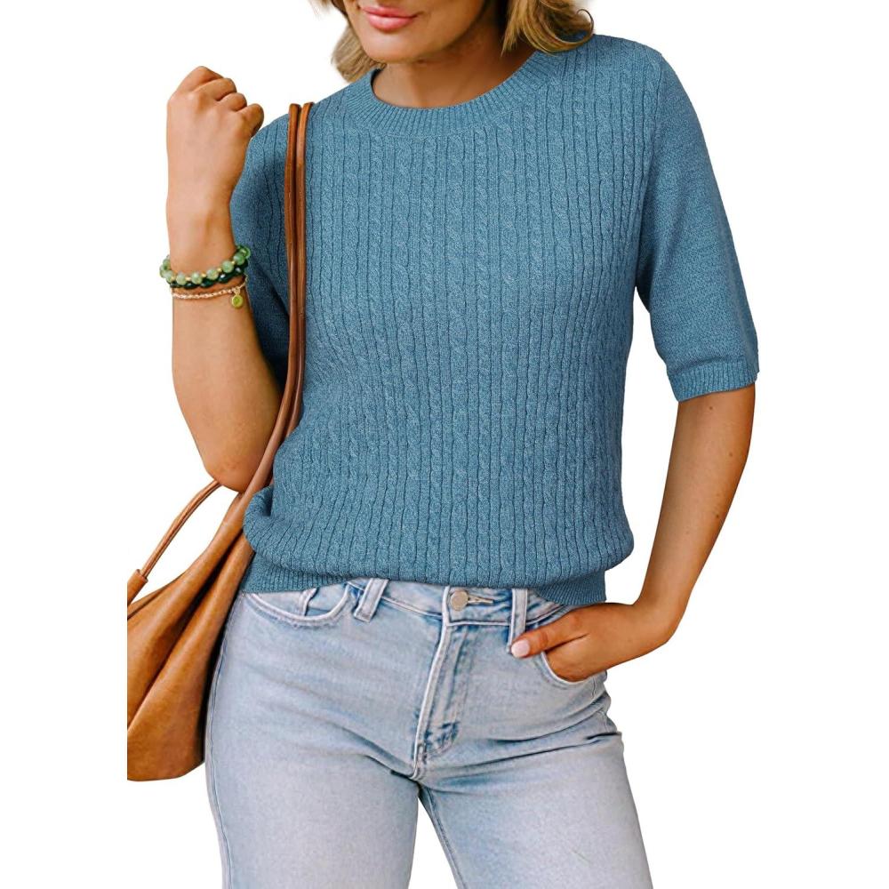 imageArachampampCloz Womens Wool Blend Old Money Cable Knit Elbow Sleeve Sweaters 2025Cerulean Bluecable