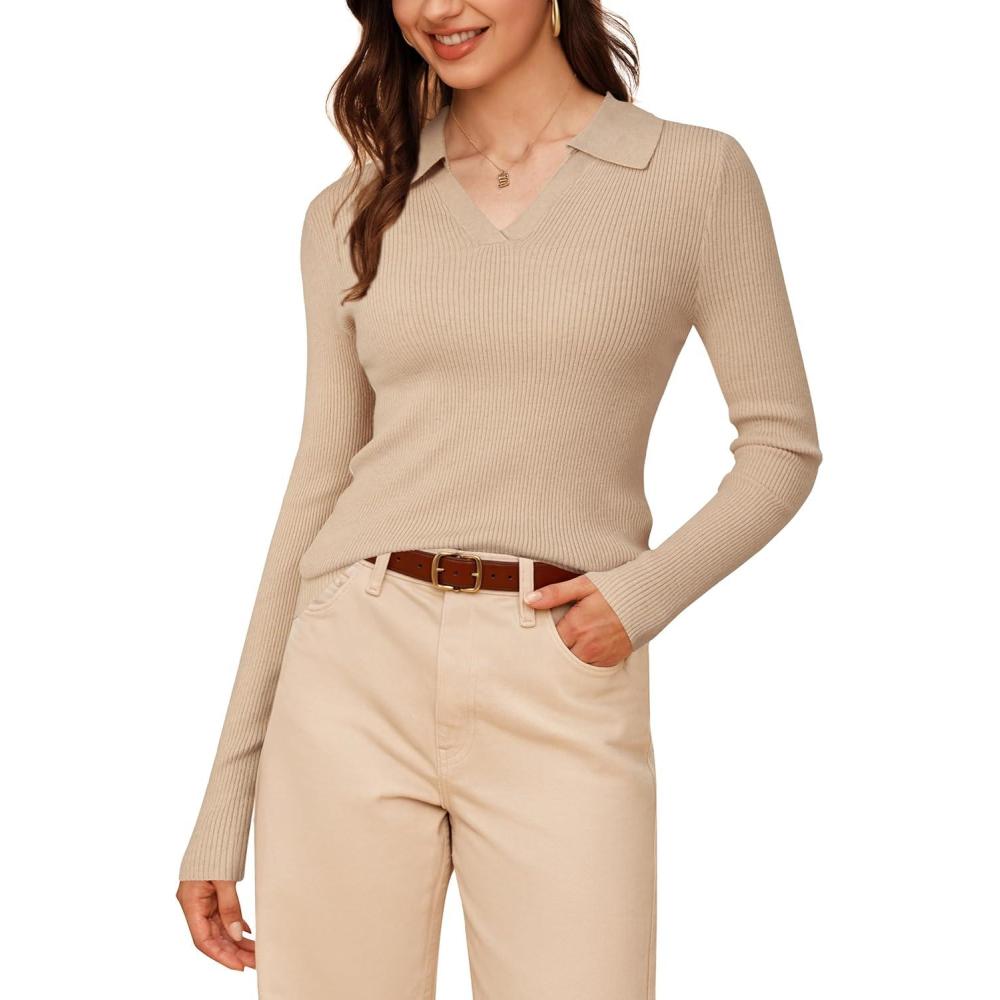 imageArachampampCloz Womens Wool Blend Polo Sweater Shirt Business Casual Slim Fitted Fall Tops 2025Apricot