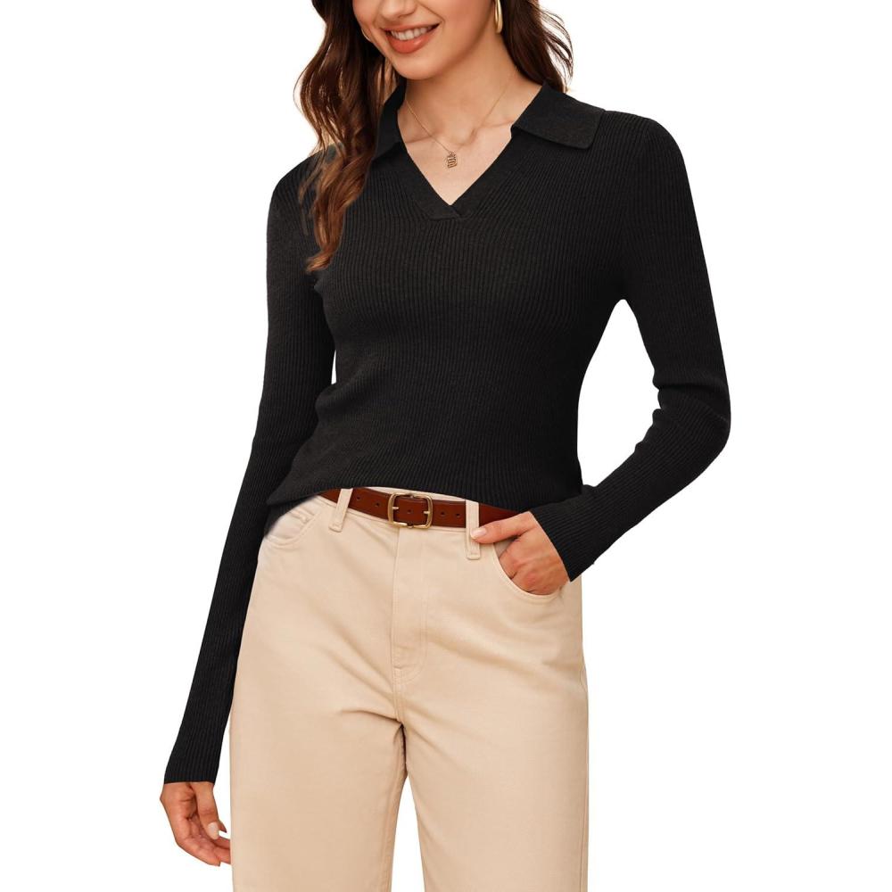imageArachampampCloz Womens Wool Blend Polo Sweater Shirt Business Casual Slim Fitted Fall Tops 2025Black