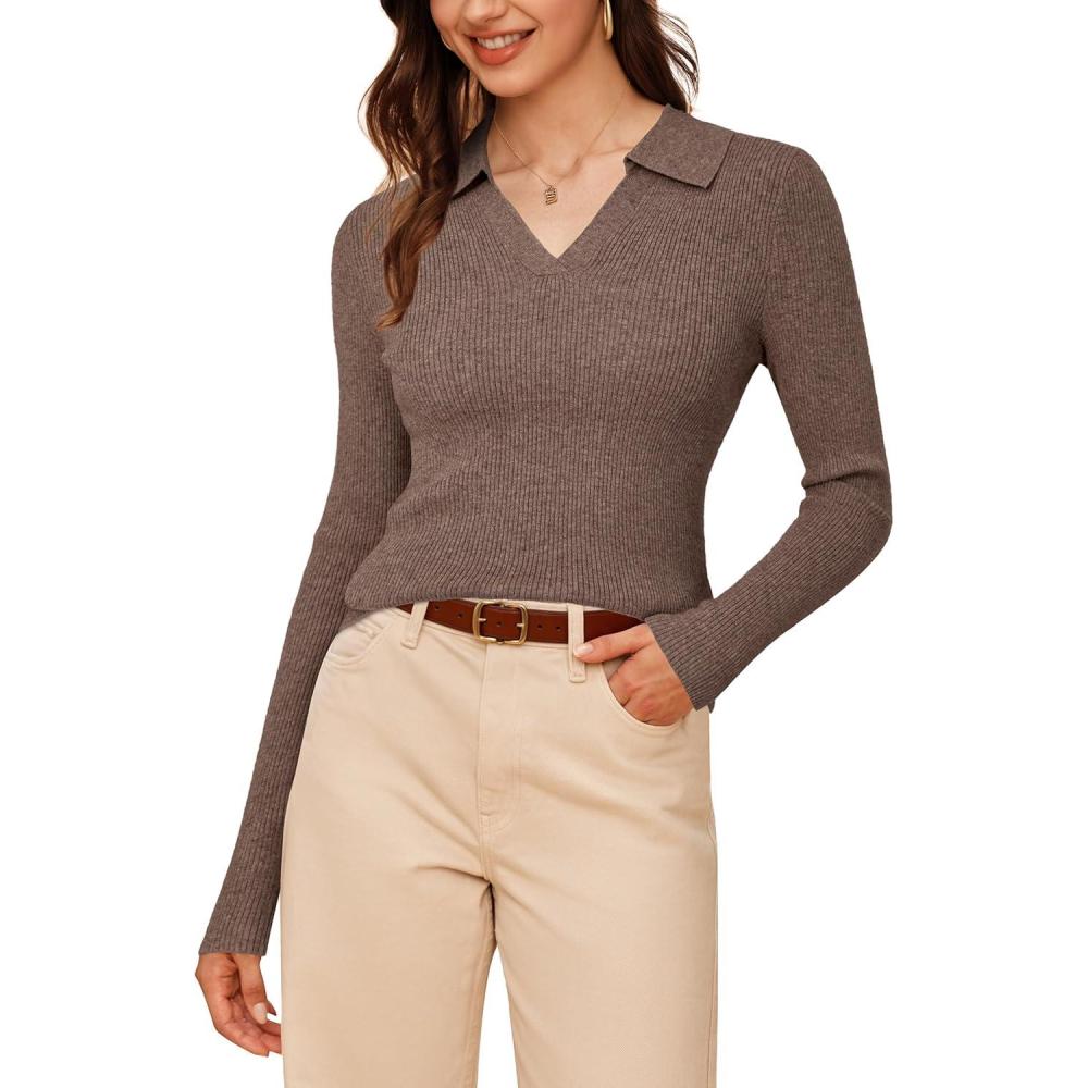 imageArachampampCloz Womens Wool Blend Polo Sweater Shirt Business Casual Slim Fitted Fall Tops 2025Coffee
