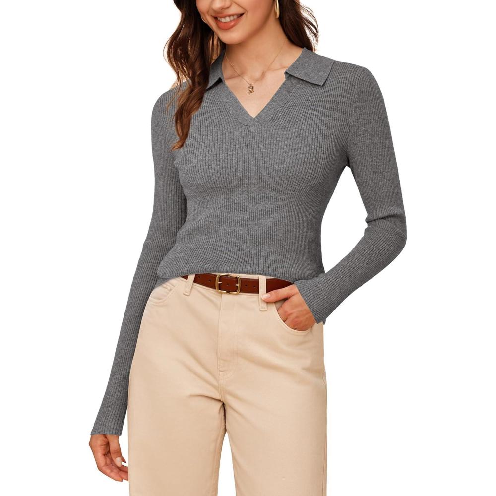 imageArachampampCloz Womens Wool Blend Polo Sweater Shirt Business Casual Slim Fitted Fall Tops 2025Gray