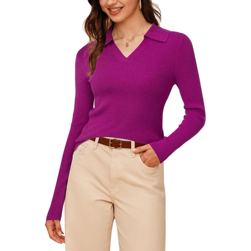 imageArachampampCloz Womens Wool Blend Polo Sweater Shirt Business Casual Slim Fitted Fall Tops 2025Rose
