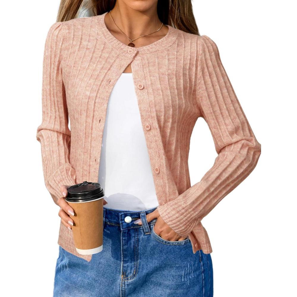 imageArachampampCloz Womens Wool Blend Puff Sleeve Fall Cable Knit Cardigan Sweaters 2025Pink