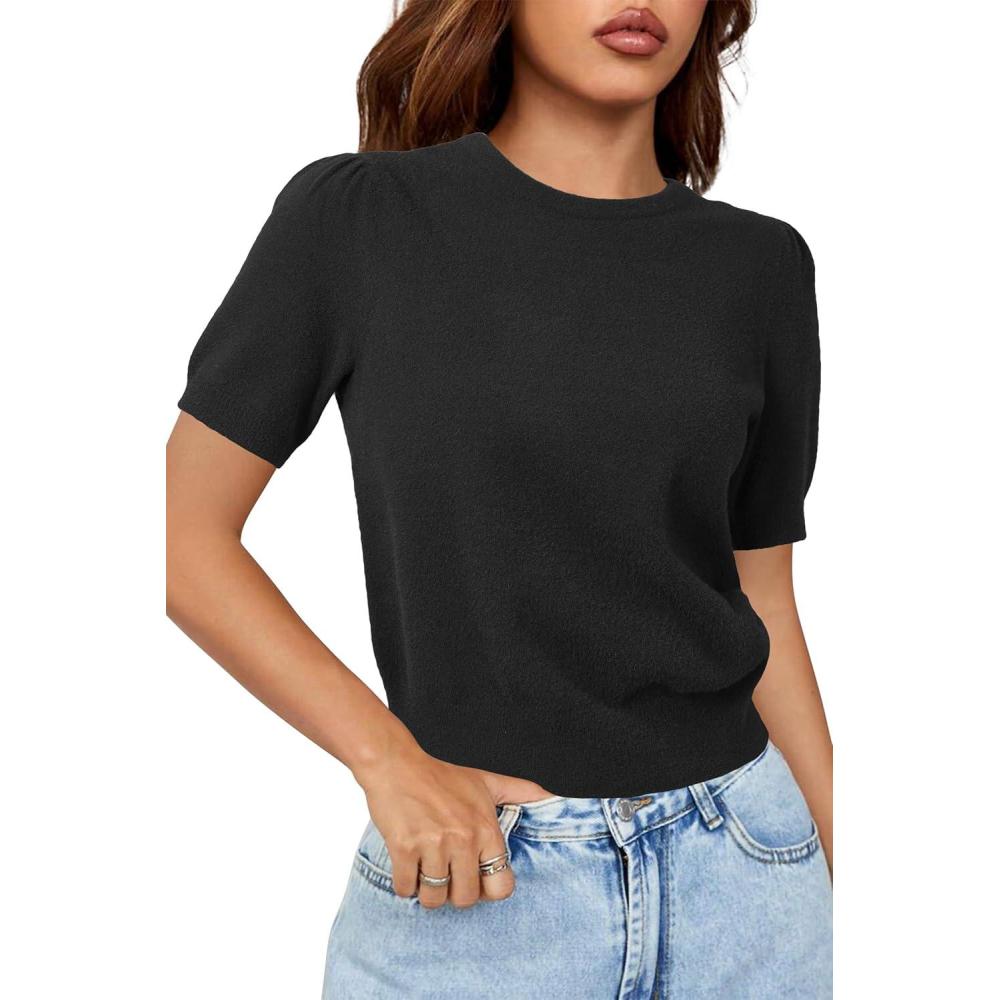 imageArachampampCloz Womens Wool Blend Soft Fuzzy Puff Sleeve Cute Casual Fall Sweaters 2025Black