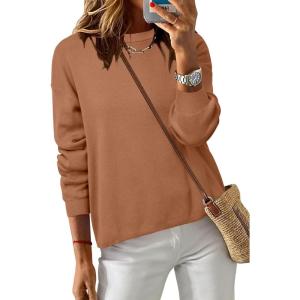 Arach&Cloz Women’s 100% Cotton Sweaters Crew Neck Winter Casual Relaxed Fit Cozy Sweatshirt Tops 2026(Caramel)