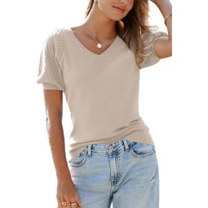 Arach&Cloz Women’s 2025 Summer Short Puff Sleeve Shirts V Neck Cute Blouses Dressy Casual Trendy Sweater Tops(Cream White)