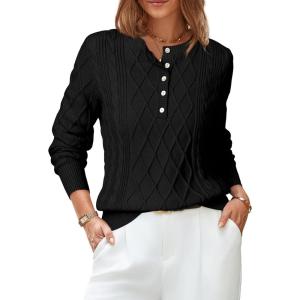 Arach&Cloz Womens Comfy Cotton Blend Cable Knit Casual Sweaters 2025(Black)