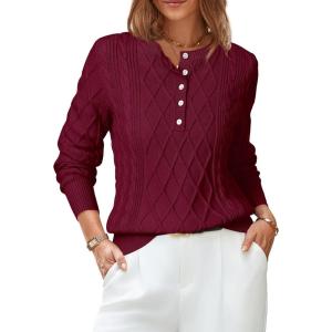 Arach&Cloz Womens Comfy Cotton Blend Cable Knit Casual Sweaters 2025(Dark Red)