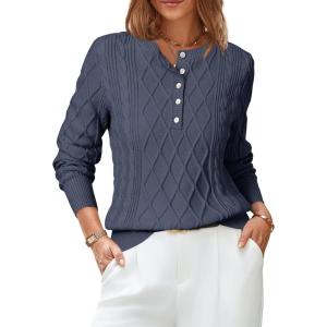 Arach&Cloz Womens Comfy Cotton Blend Cable Knit Casual Sweaters 2025(Grey Blue)