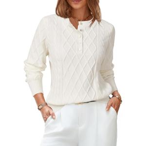 Arach&Cloz Womens Comfy Cotton Blend Cable Knit Casual Sweaters 2025(White)