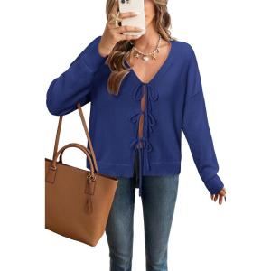 Arach&Cloz Women’s Cozy Cotton Tie Front Fall Trendy Bow Cardigan Sweaters 2025(Dark Blue)