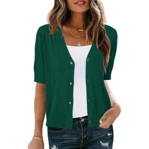 Arach&Cloz Women’s Lightweight Summer Business Casual Cropped Short Sleeve Cardigan(Dark Green)