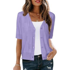 Arach&Cloz Women’s Lightweight Summer Business Casual Cropped Short Sleeve Cardigan(Light Purple)