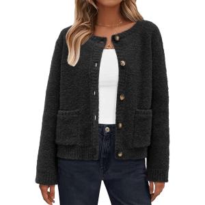 Arach&Cloz Women’s Open Front Cardigan Sweaters Fall Fashion Button Down Knit Chunky Outwear Coats with Pockets(Black)