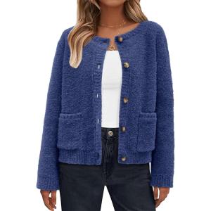 Arach&Cloz Women’s Open Front Cardigan Sweaters Fall Fashion Button Down Knit Chunky Outwear Coats with Pockets(Dark Blue)