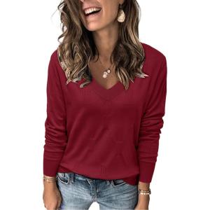 Arach&Cloz Women’s Soft V Neck Long Sleeve Fall Casual Regular Fit Sweater Tops(Burgundy)
