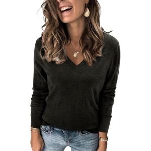 Arach&Cloz Women’s Soft V Neck Long Sleeve Fall Casual Regular Fit Sweater Tops(Heather Black)
