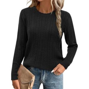 Arach&Cloz Women’s Summer Fall Scalloped Lace Cuff Crewneck Tops Textured Shirts(B-black)