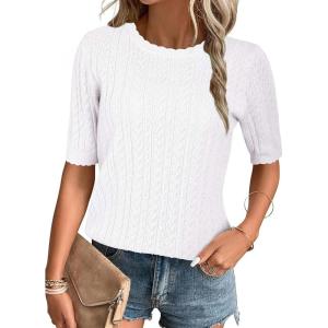 Arach&Cloz Women’s Summer Fall Scalloped Lace Cuff Crewneck Tops Textured Shirts(Beige)
