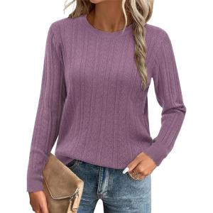 Arach&Cloz Women’s Summer Fall Scalloped Lace Cuff Crewneck Tops Textured Shirts(B-gray Purple)