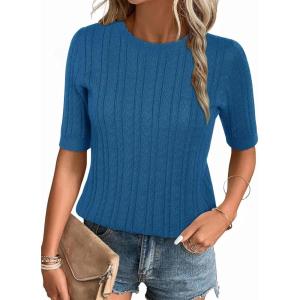 Arach&Cloz Women’s Summer Fall Scalloped Lace Cuff Crewneck Tops Textured Shirts(Blue)