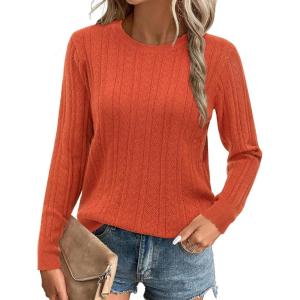 Arach&Cloz Women’s Summer Fall Scalloped Lace Cuff Crewneck Tops Textured Shirts(B-rust Orange)