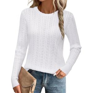 Arach&Cloz Women’s Summer Fall Scalloped Lace Cuff Crewneck Tops Textured Shirts(B-white)
