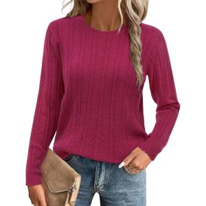 Arach&Cloz Women’s Summer Fall Scalloped Lace Cuff Crewneck Tops Textured Shirts(B-wine Red)